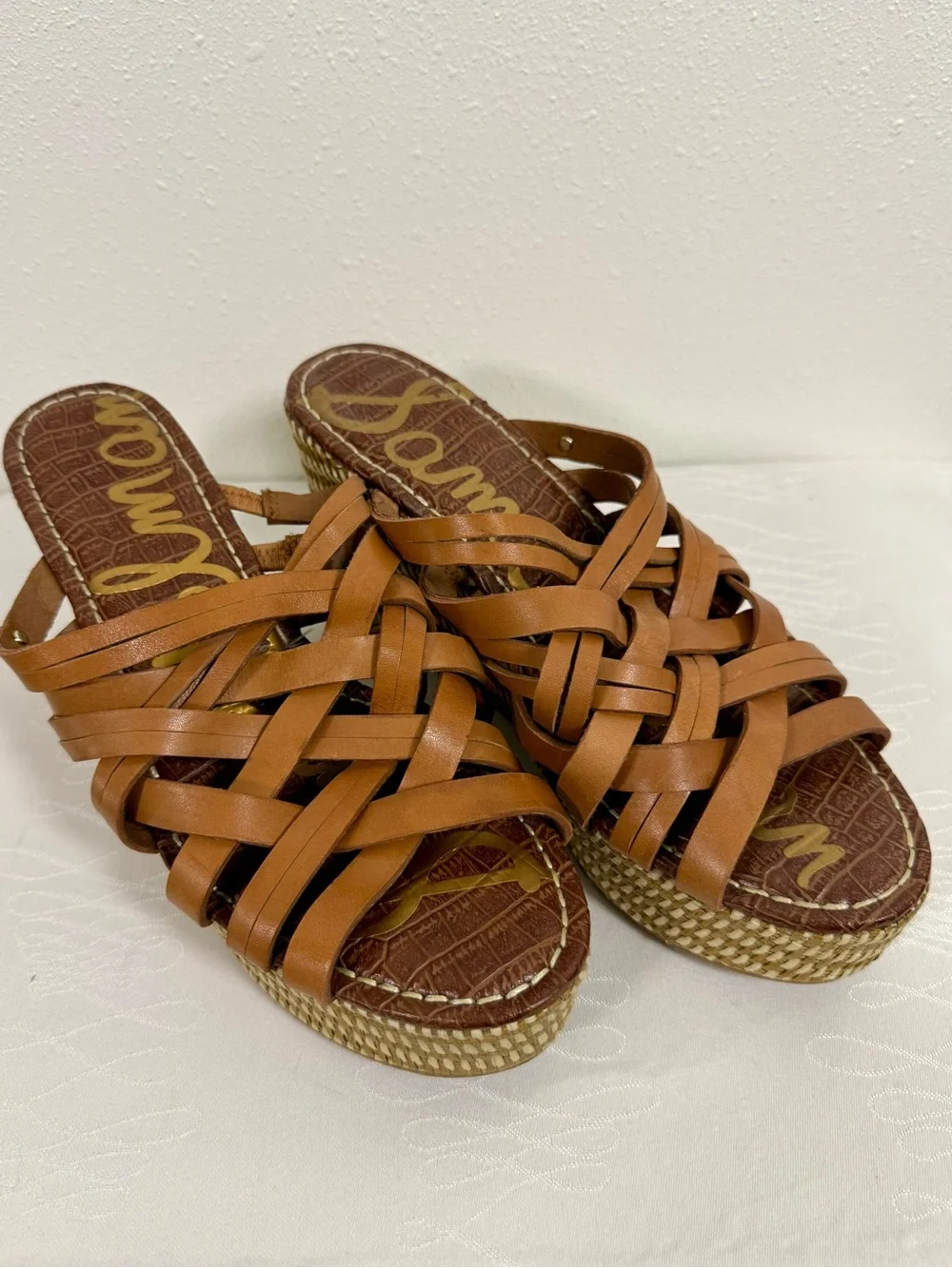 Sam Edelman Leather Espadrille Wedge Sandals 8.5 Tan Strappy Platform